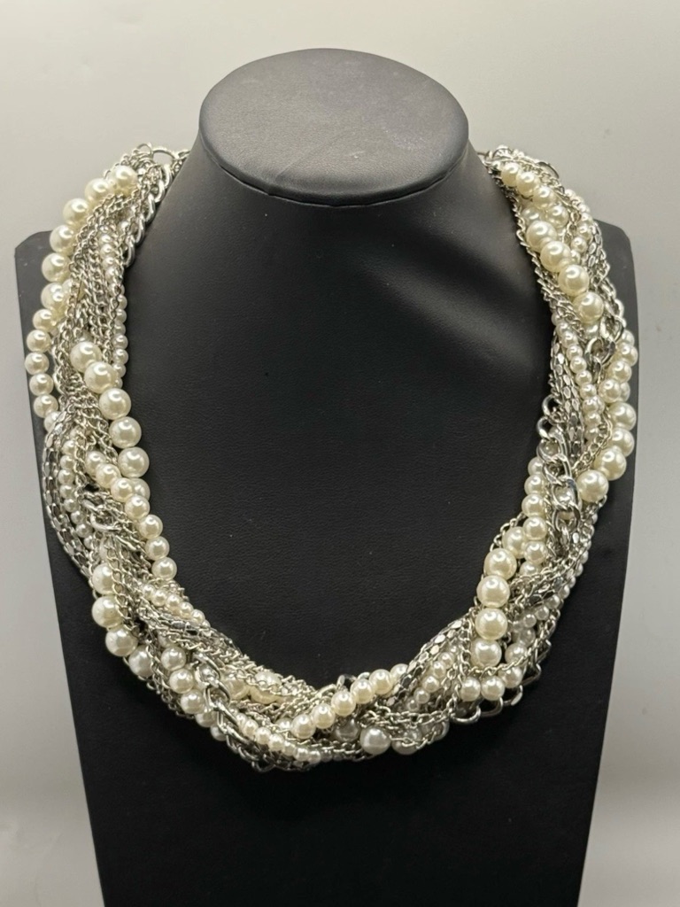 New York & Co. Multi-Strand Faux Pearl & Silver Chain Statement Necklace Chunky